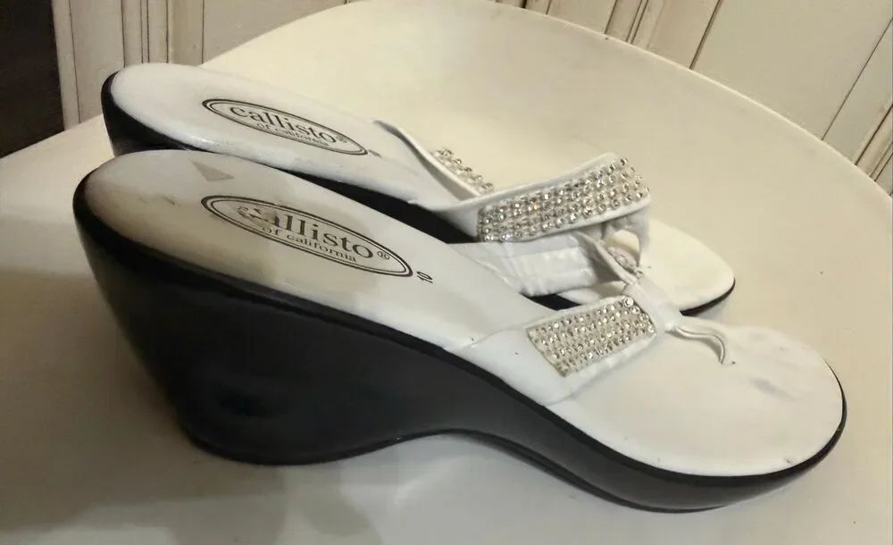 Callisto Women's Crystal Embellished Slip On Wedge Slide Sandals White Size 10